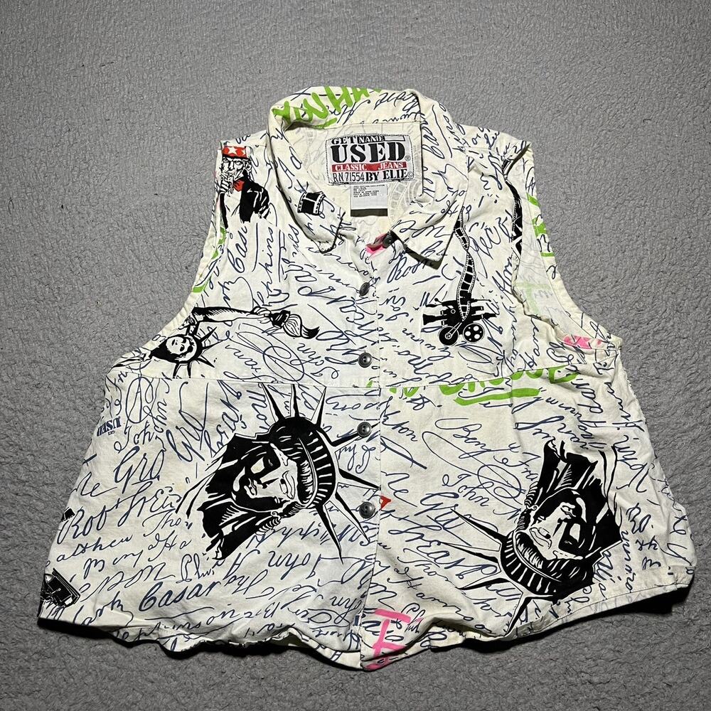 Vtg Get Used By Elie Top Womens Medium Button Vest New York All Over Print 90s